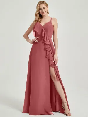Desert Rose Criss-Cross Straps Ruffles Slit Chiffon Bridesmaid Dress