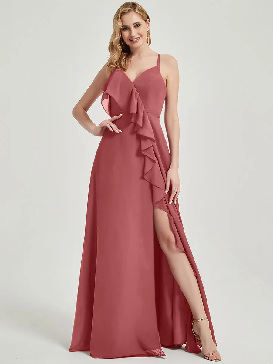 Desert Rose Criss-Cross Straps Ruffles Slit Chiffon Bridesmaid Dress