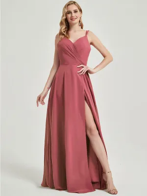 Desert Rose Spaghetti Strap Slit Maxi Lace Chiffon Bridesmaid Dress