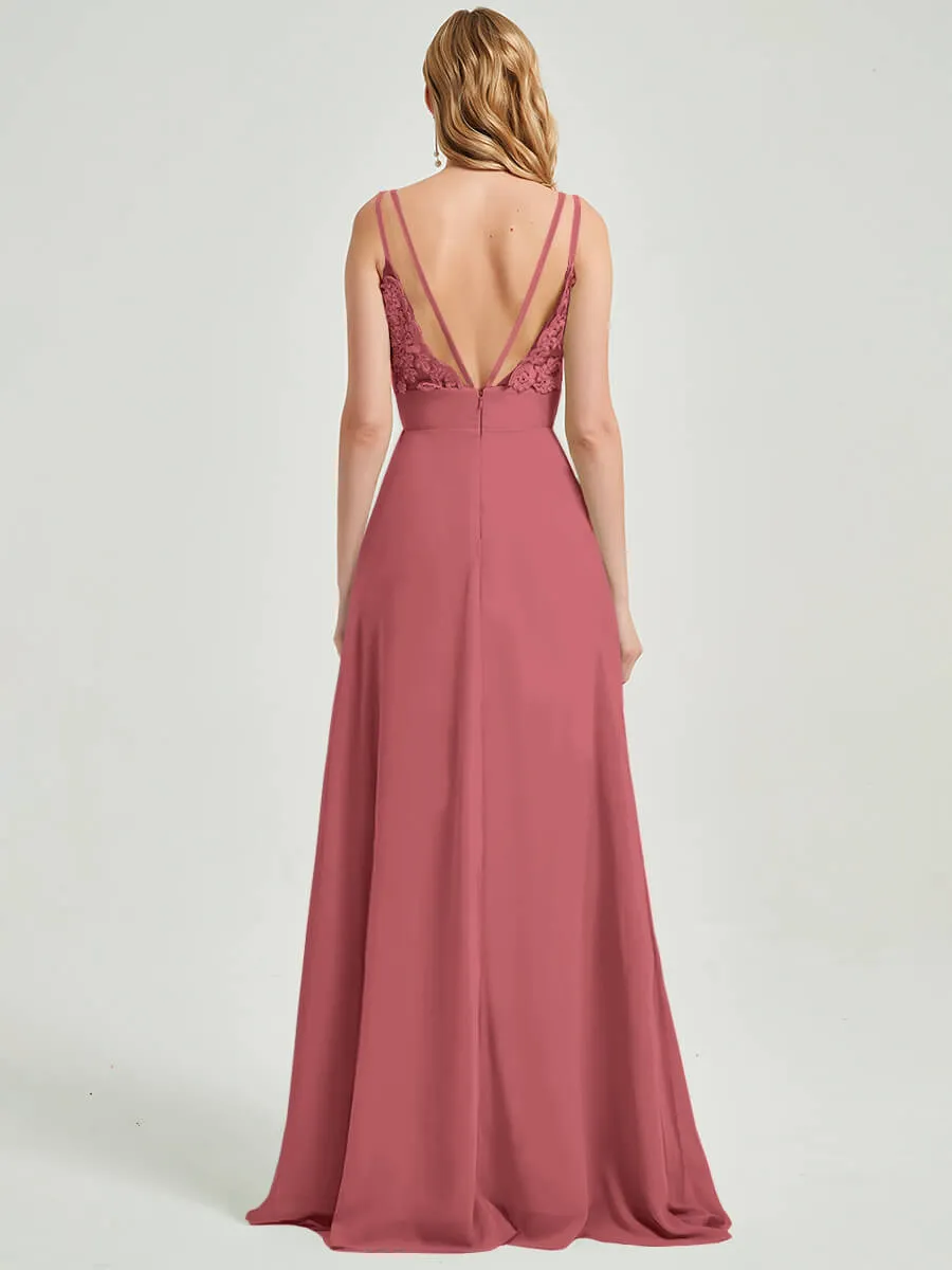 Desert Rose Spaghetti Strap Slit Maxi Lace Chiffon Bridesmaid Dress