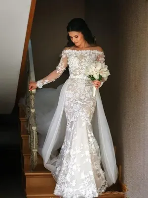detachable skirt wedding dresses 2020 boho lace appliqué elegant romantic cheap bridal dresses 2021