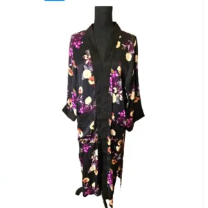 DJ &amp; Juju Black Pink Floral Kimono Sleepwear Feminine Flowy Oversized Cozy Sz M