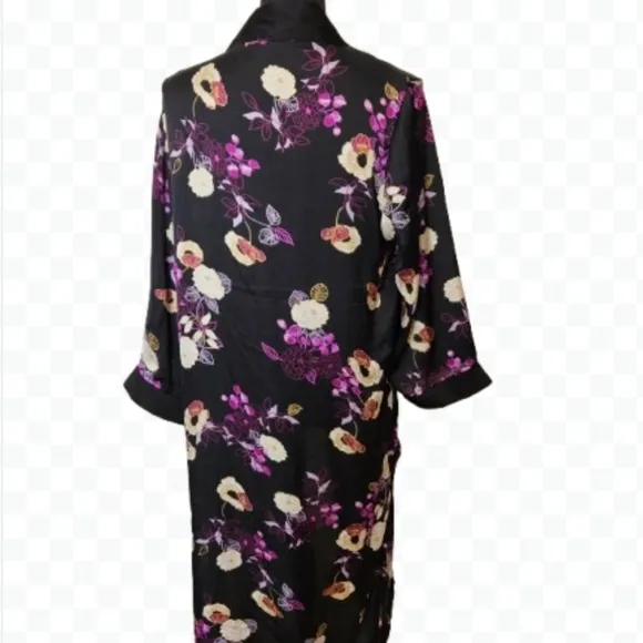 DJ &amp; Juju Black Pink Floral Kimono Sleepwear Feminine Flowy Oversized Cozy Sz M