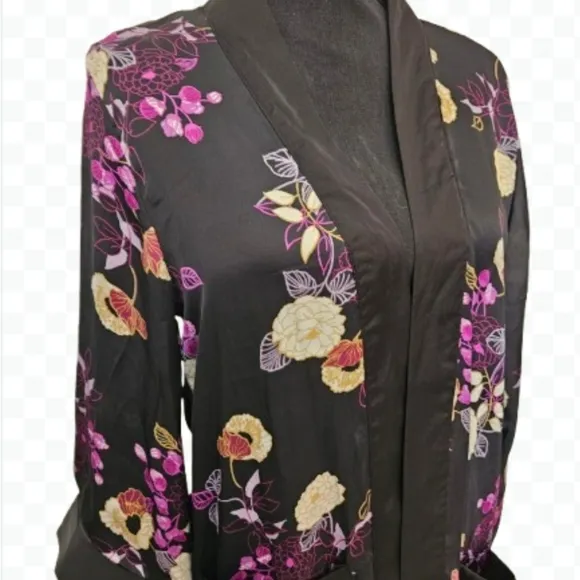 DJ &amp; Juju Black Pink Floral Kimono Sleepwear Feminine Flowy Oversized Cozy Sz M