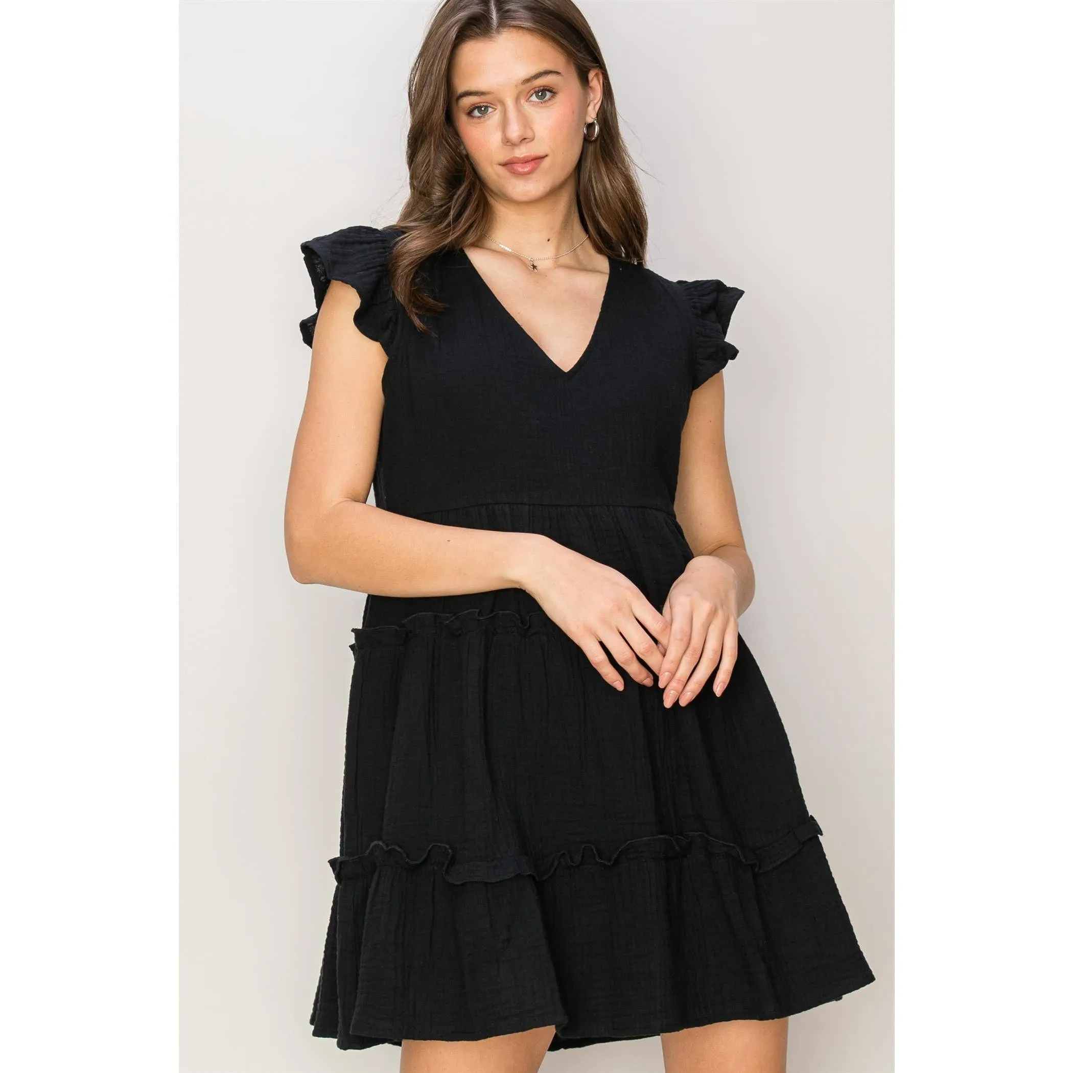 DOUBLE GAUZE TIERED MINI DRESS