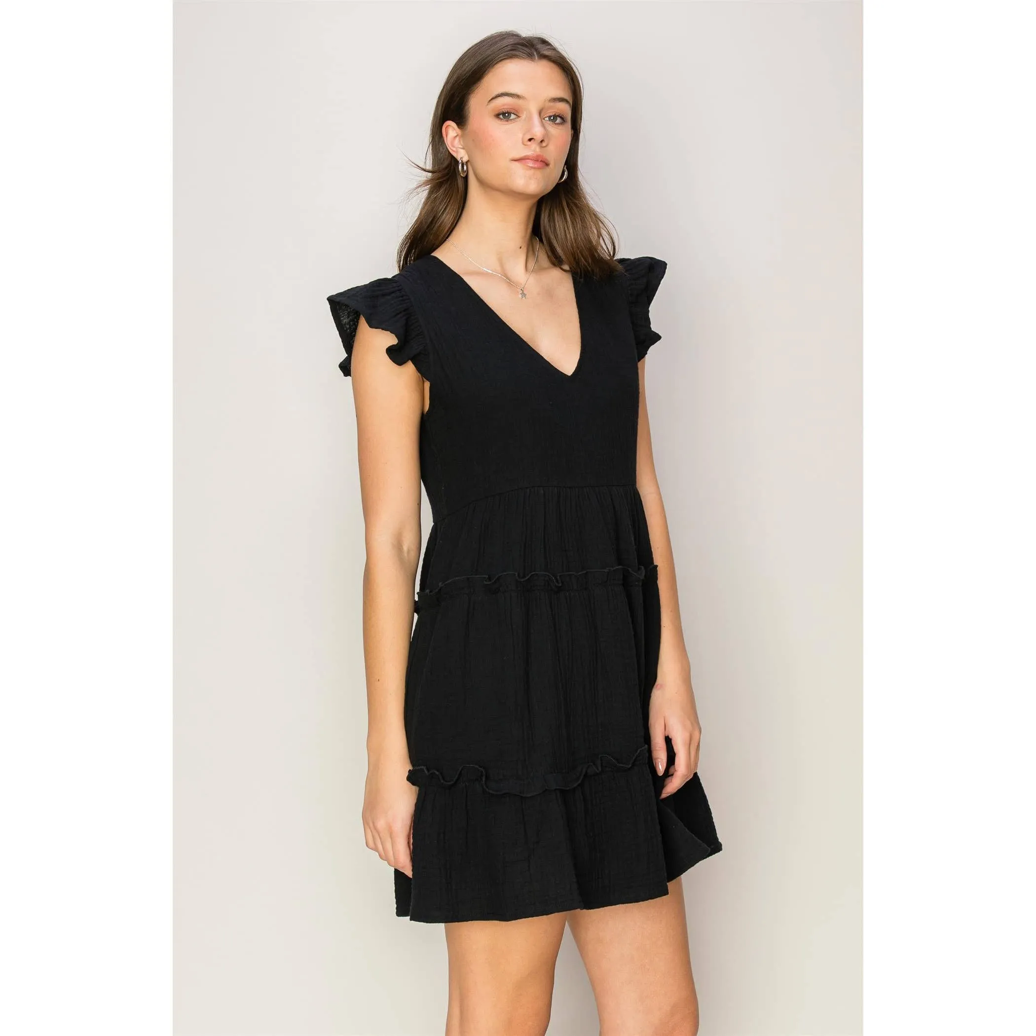 DOUBLE GAUZE TIERED MINI DRESS