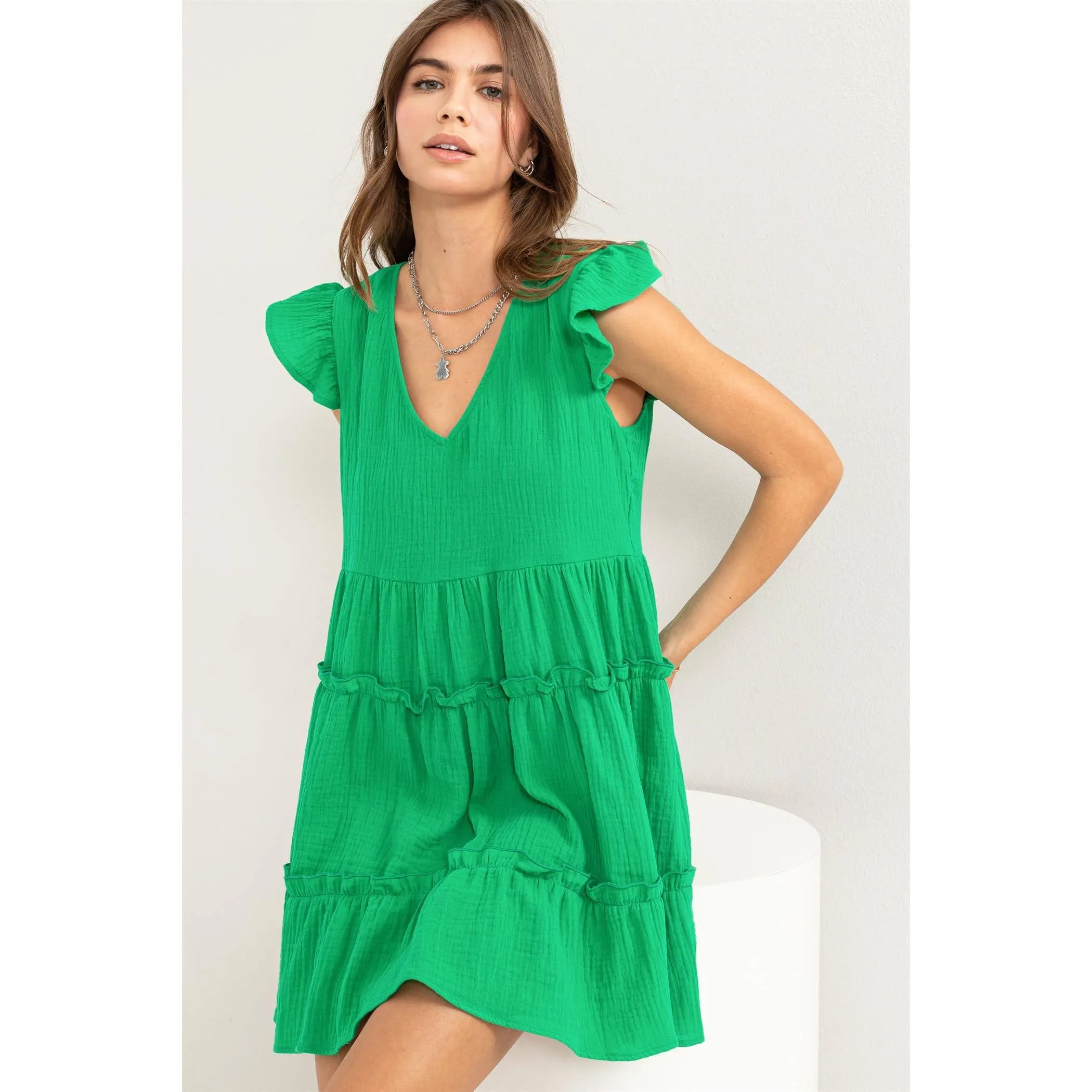 DOUBLE GAUZE TIERED MINI DRESS