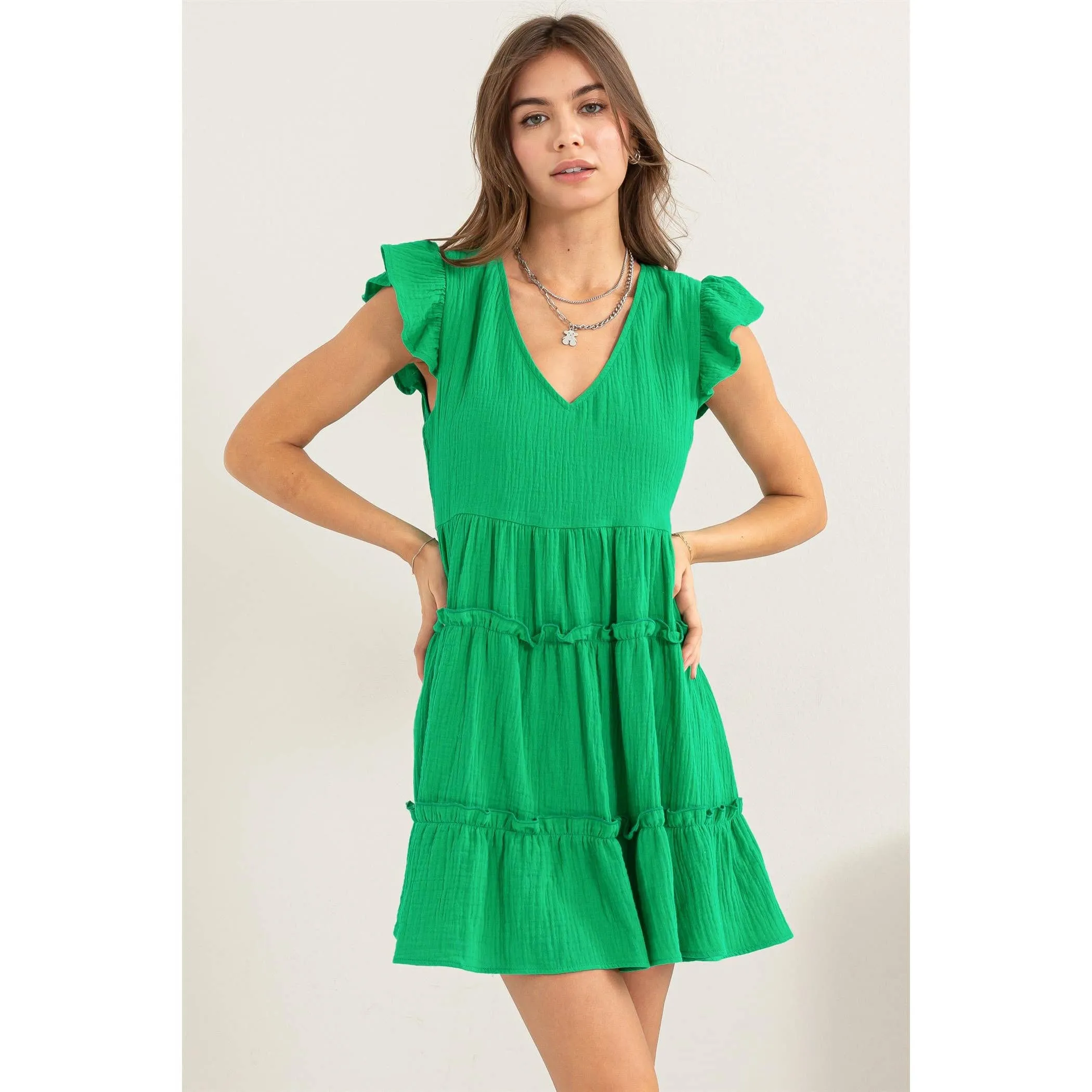 DOUBLE GAUZE TIERED MINI DRESS