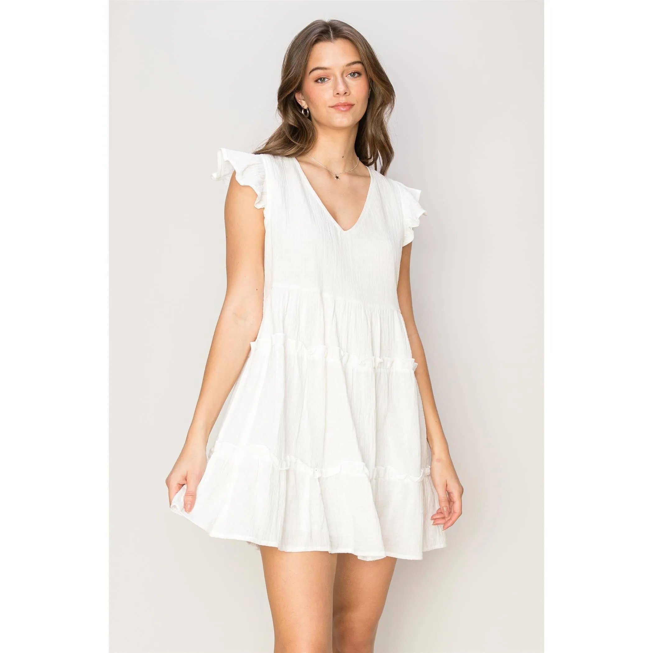 DOUBLE GAUZE TIERED MINI DRESS