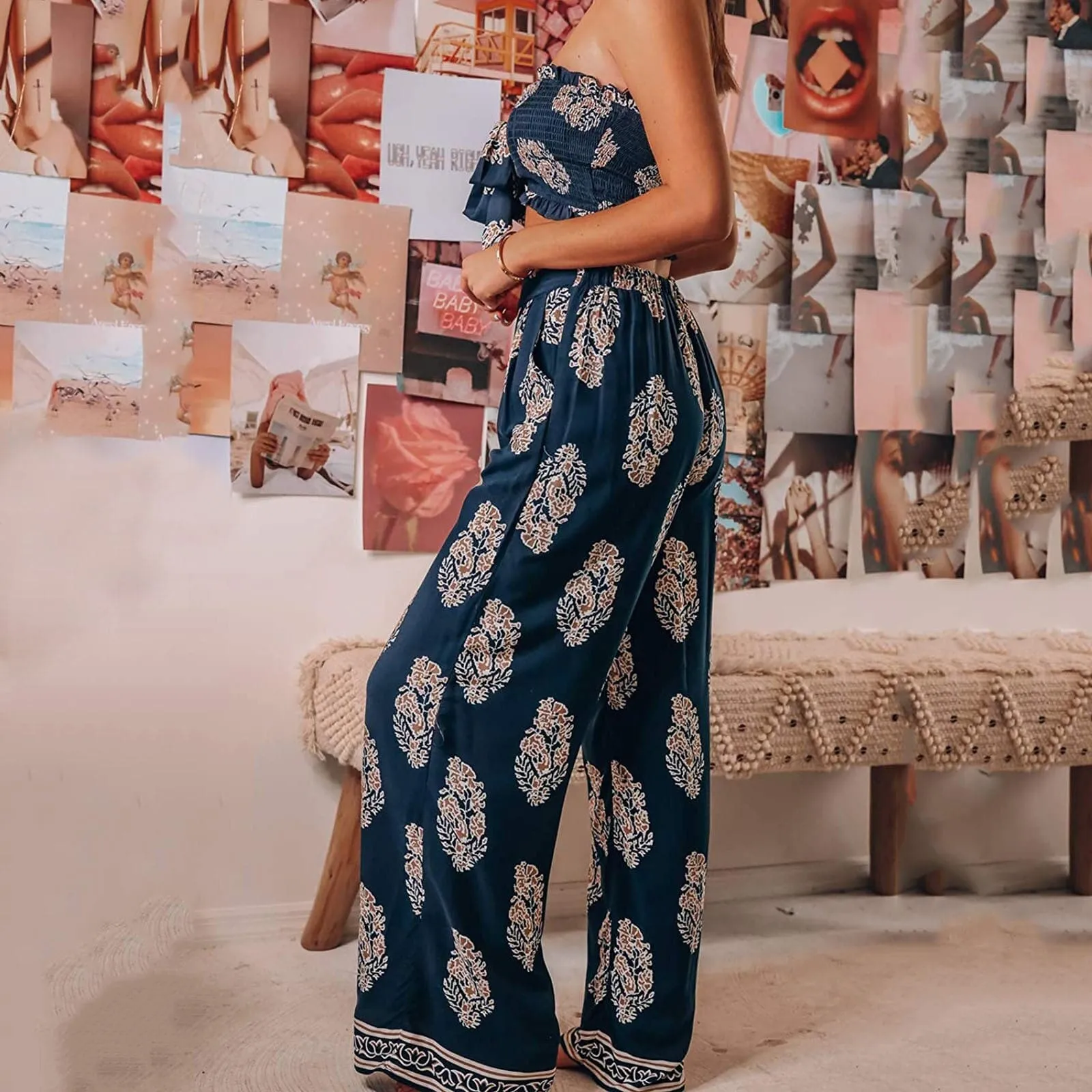 DressBetty - Fashion Bohemian Camis Crop Tops Long Pants 2 Piece Set