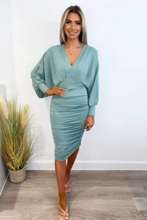 Duck Egg Ruched Back Wide Sleeve Midi Dress