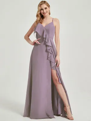 Dusk Criss-Cross Straps Ruffles Slit Chiffon Maxi Bridesmaid Dress