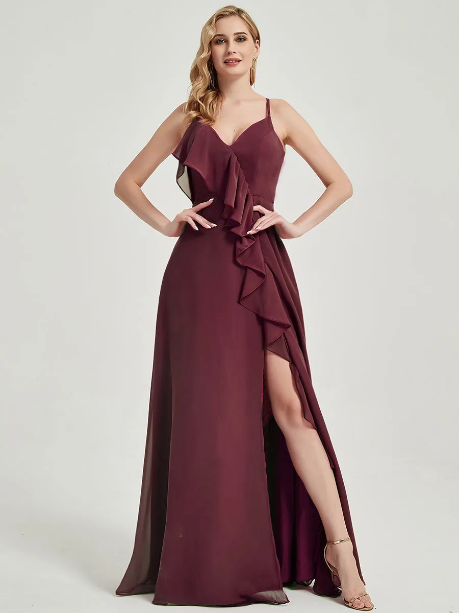 Dusk Criss-Cross Straps Ruffles Slit Chiffon Maxi Bridesmaid Dress