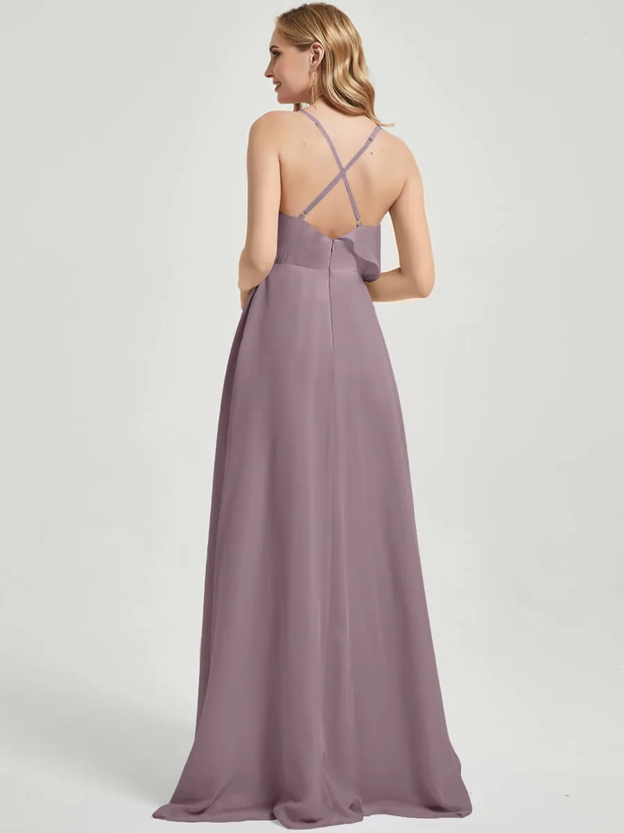 Dusk Criss-Cross Straps Ruffles Slit Chiffon Maxi Bridesmaid Dress