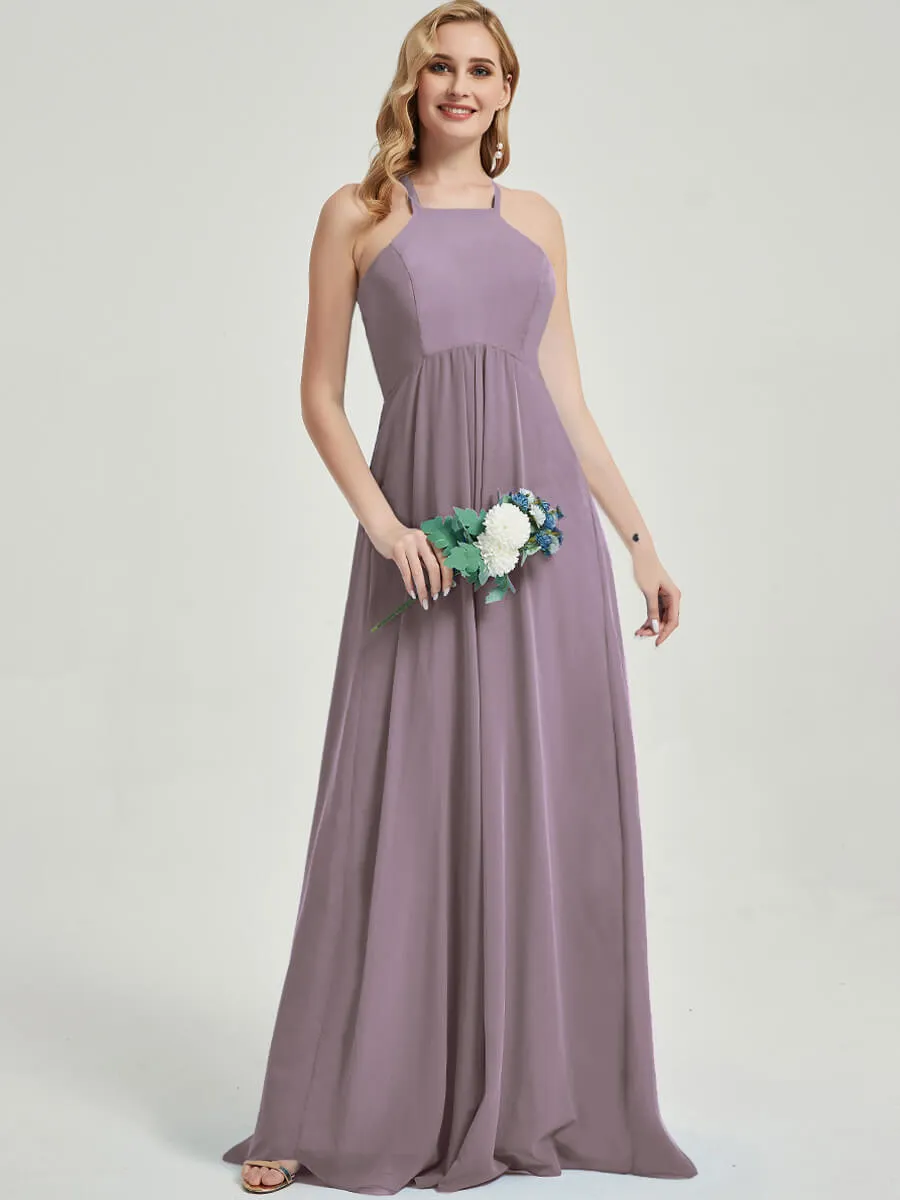 Dusk Halter Sleeveless Empire Pleated Backless Chiffon Bridesmaid Dress Maxi