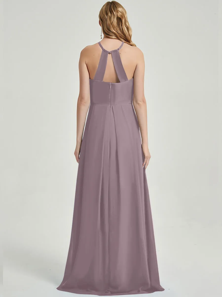 Dusk Halter Sleeveless Empire Pleated Backless Chiffon Bridesmaid Dress Maxi