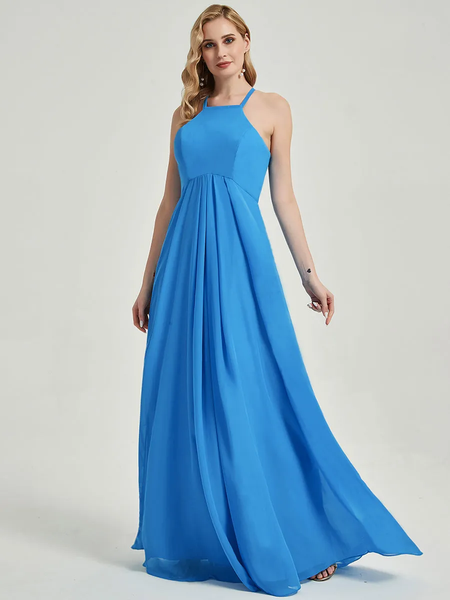 Dusk Halter Sleeveless Empire Pleated Backless Chiffon Bridesmaid Dress Maxi