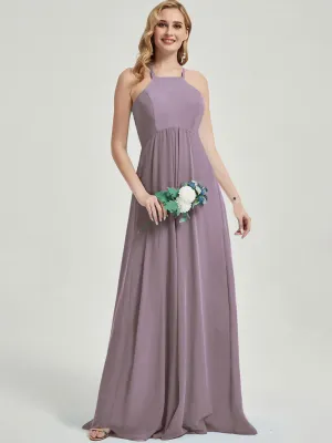 Dusk Halter Sleeveless Empire Pleated Backless Chiffon Bridesmaid Dress Maxi