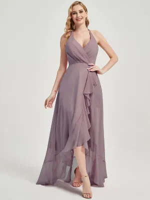 Dusk Halter V-Neck Backless High Low Maxi Chiffon Bridesmaid Dresses