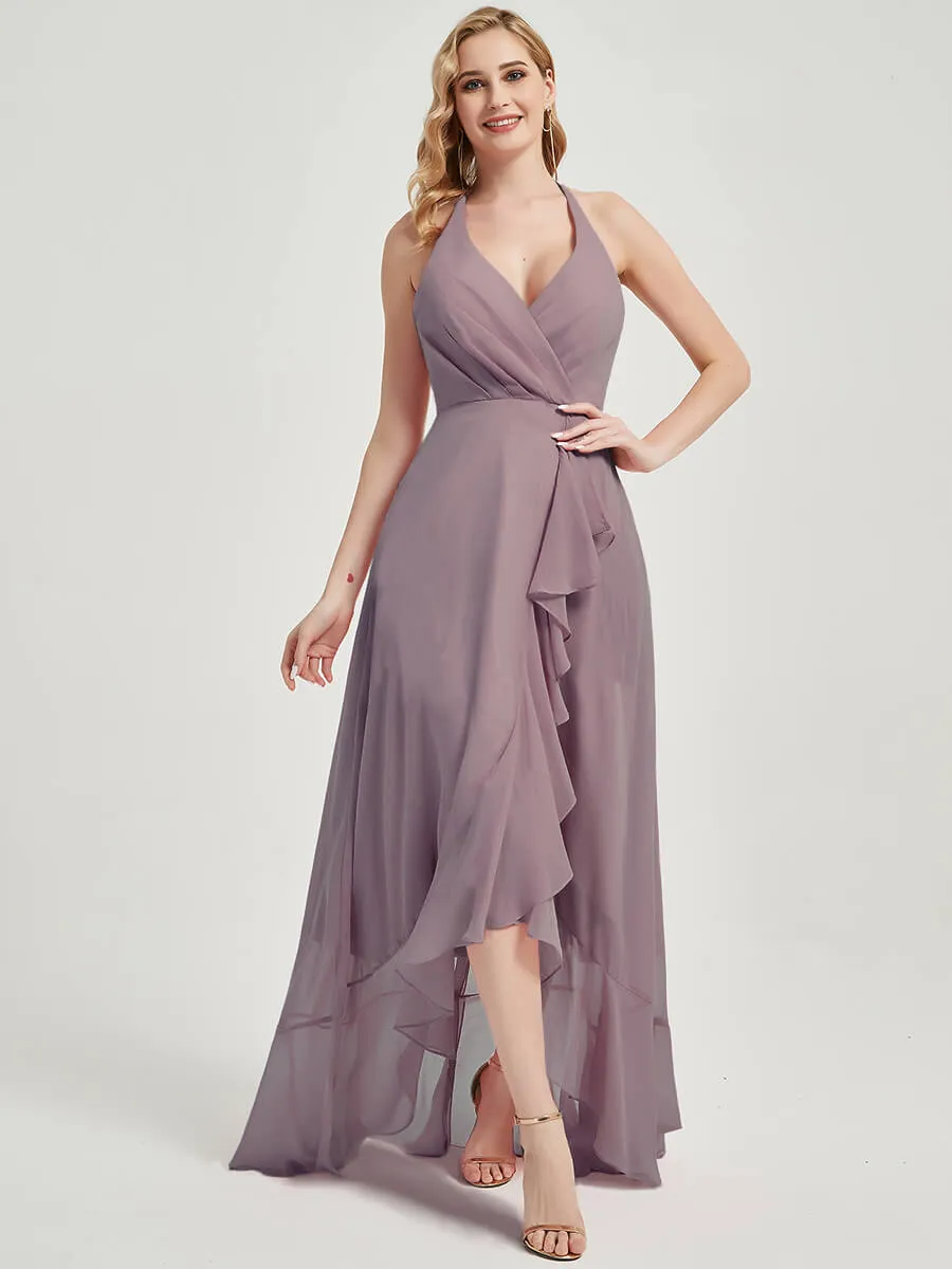 Dusk Halter V-Neck Backless High Low Maxi Chiffon Bridesmaid Dresses