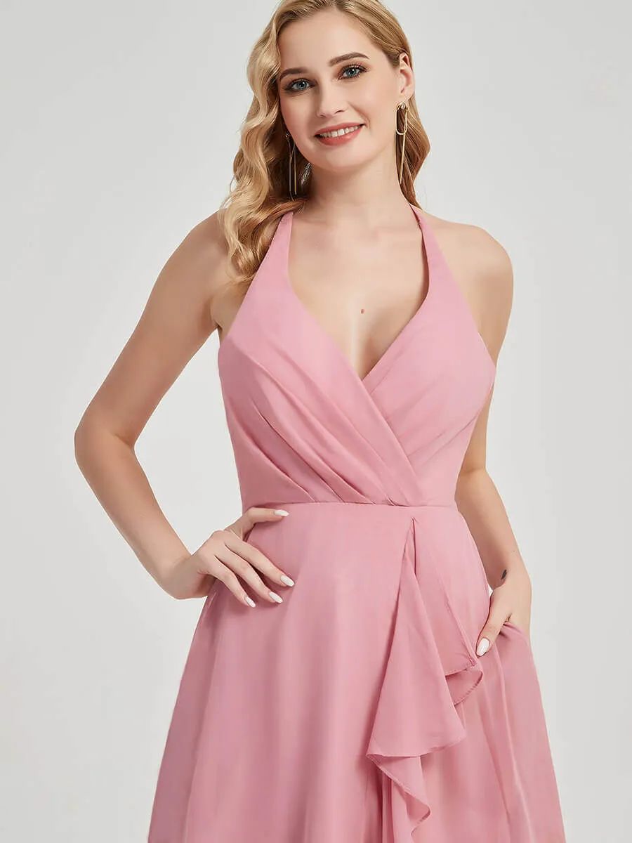 Dusk Halter V-Neck Backless High Low Maxi Chiffon Bridesmaid Dresses