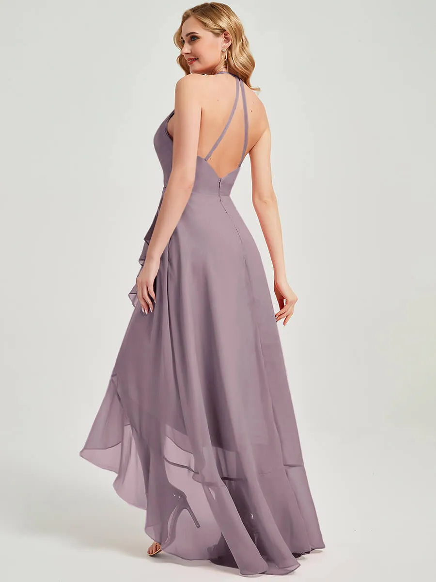 Dusk Halter V-Neck Backless High Low Maxi Chiffon Bridesmaid Dresses