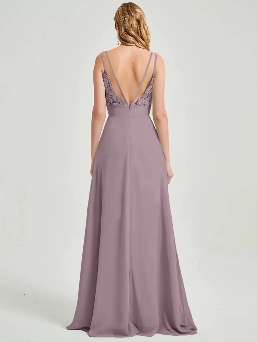 Dusk Spaghetti Straps V-Neck Slit Maxi Lace Chiffon Bridesmaid Dress