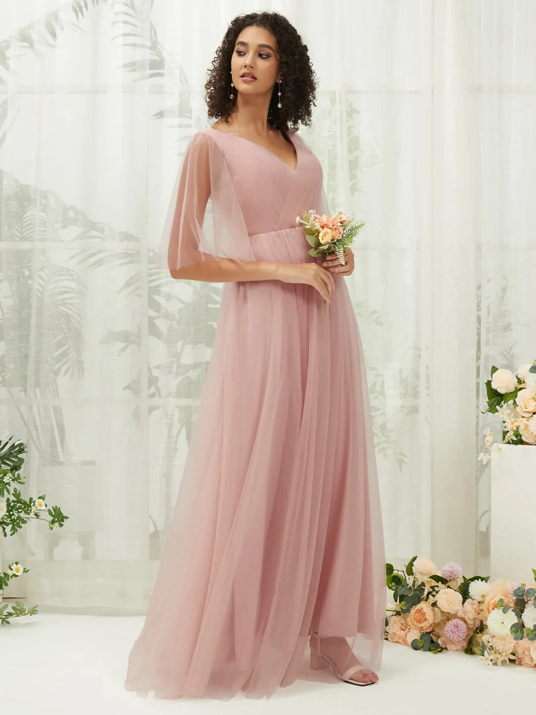Dusty Pink Ruffle Sleeves Tulle Maxi Bridesmaid Dresses With Pocket