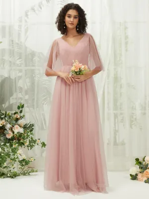 Dusty Pink Ruffle Sleeves Tulle Maxi Bridesmaid Dresses With Pocket