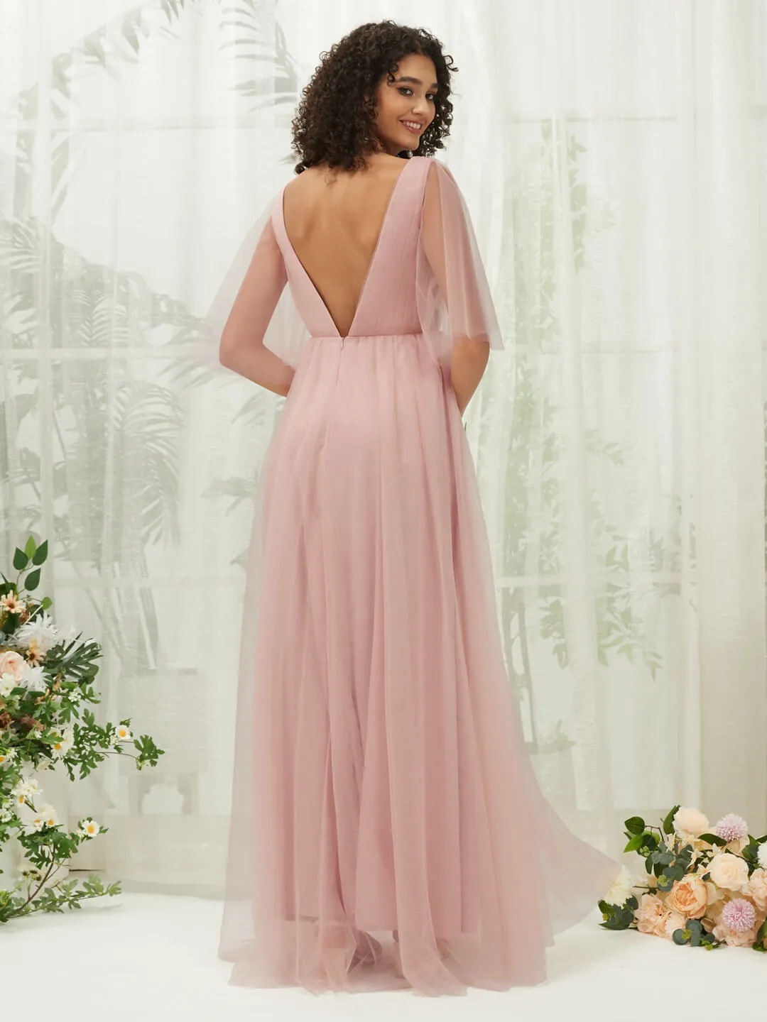Dusty Pink Ruffle Sleeves Tulle Maxi Bridesmaid Dresses With Pocket