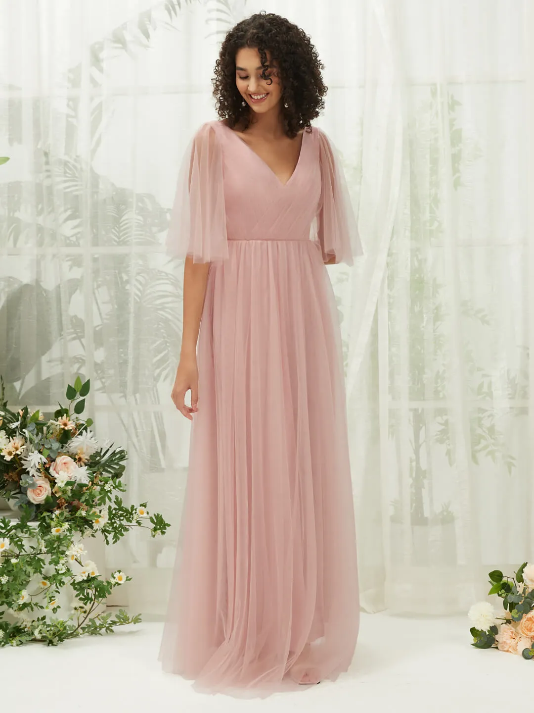 Dusty Pink Ruffle Sleeves Tulle Maxi Bridesmaid Dresses With Pocket