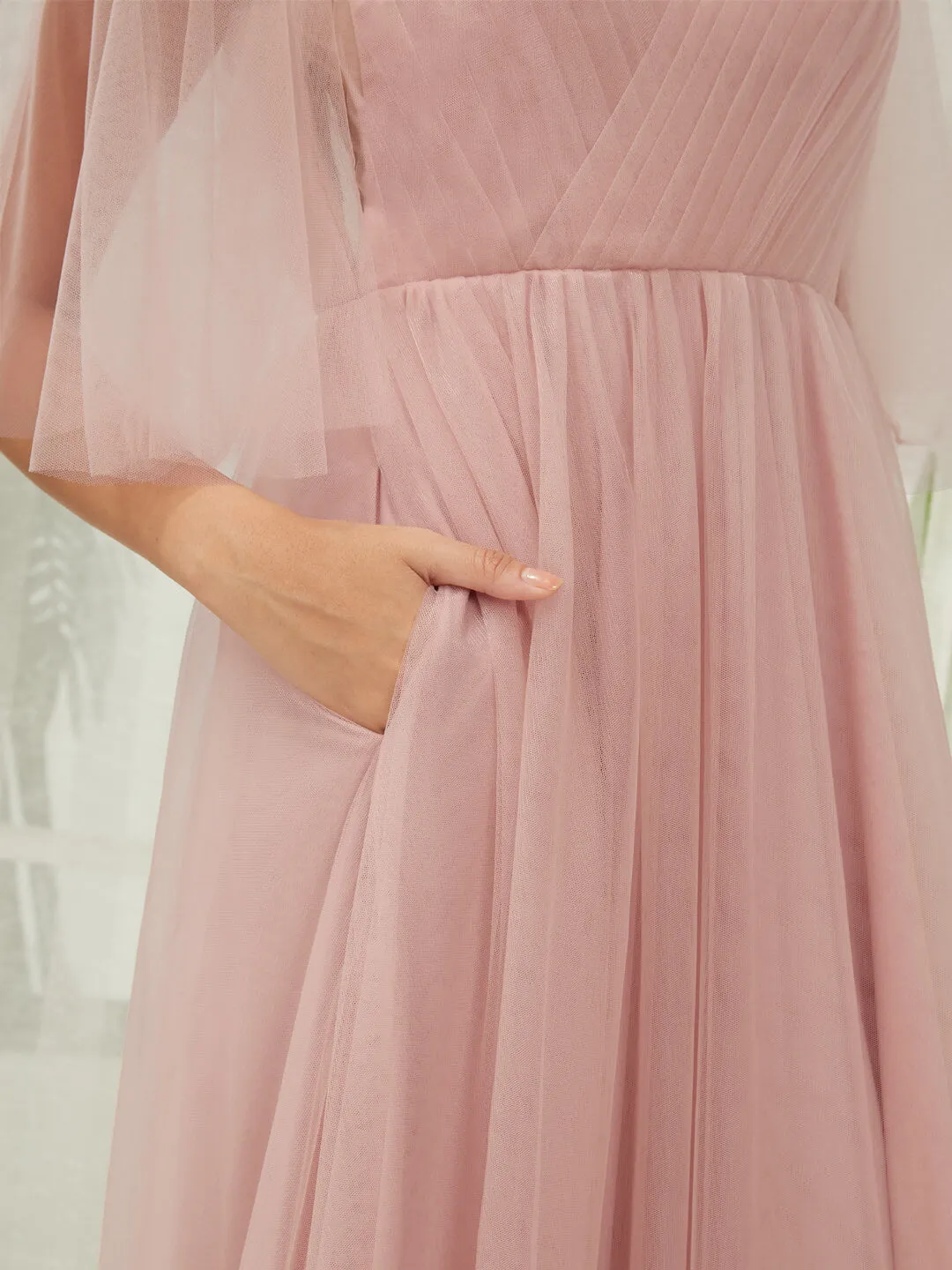 Dusty Pink Ruffle Sleeves Tulle Maxi Bridesmaid Dresses With Pocket