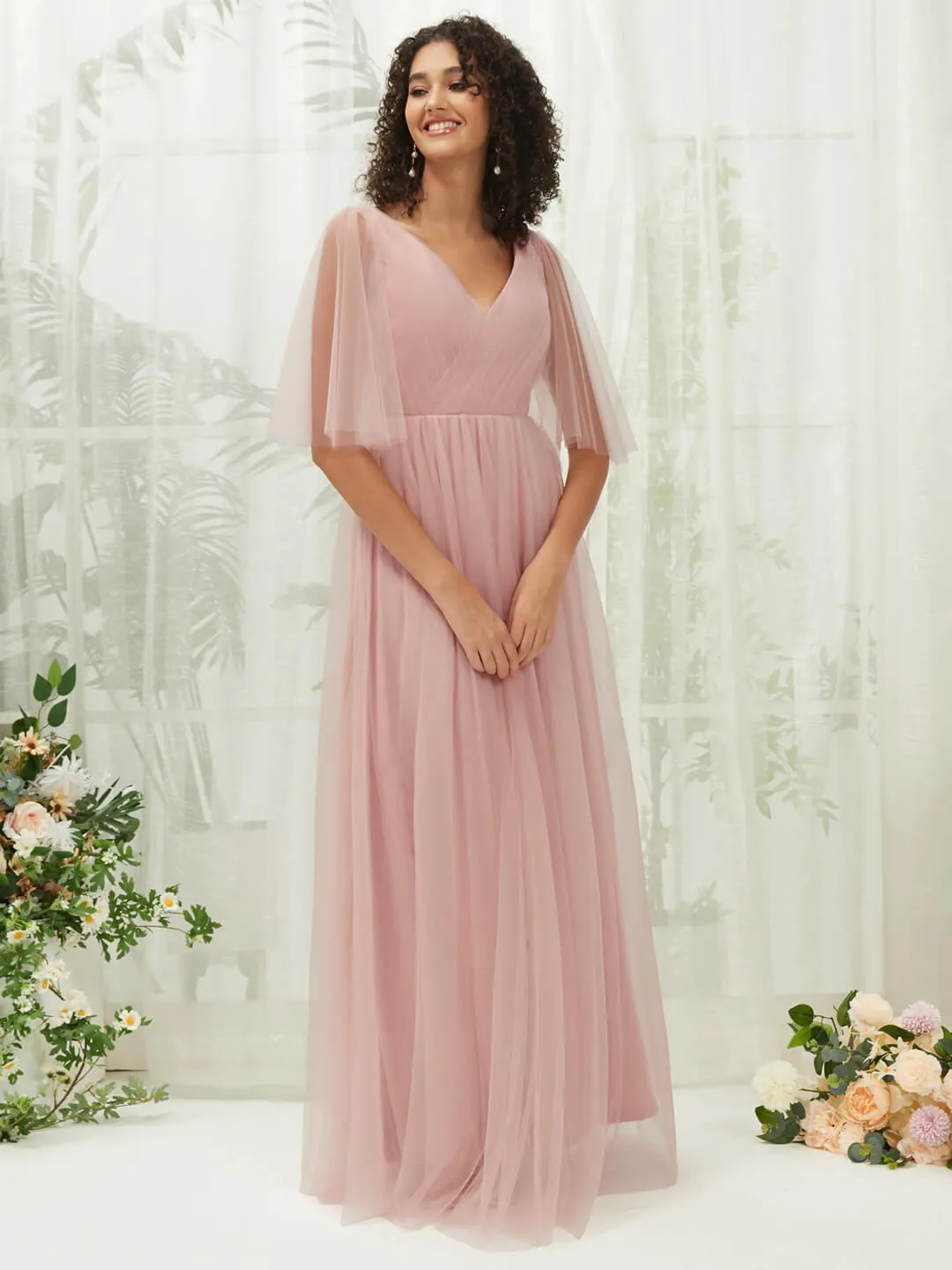 Dusty Pink Ruffle Sleeves Tulle Maxi Bridesmaid Dresses With Pocket