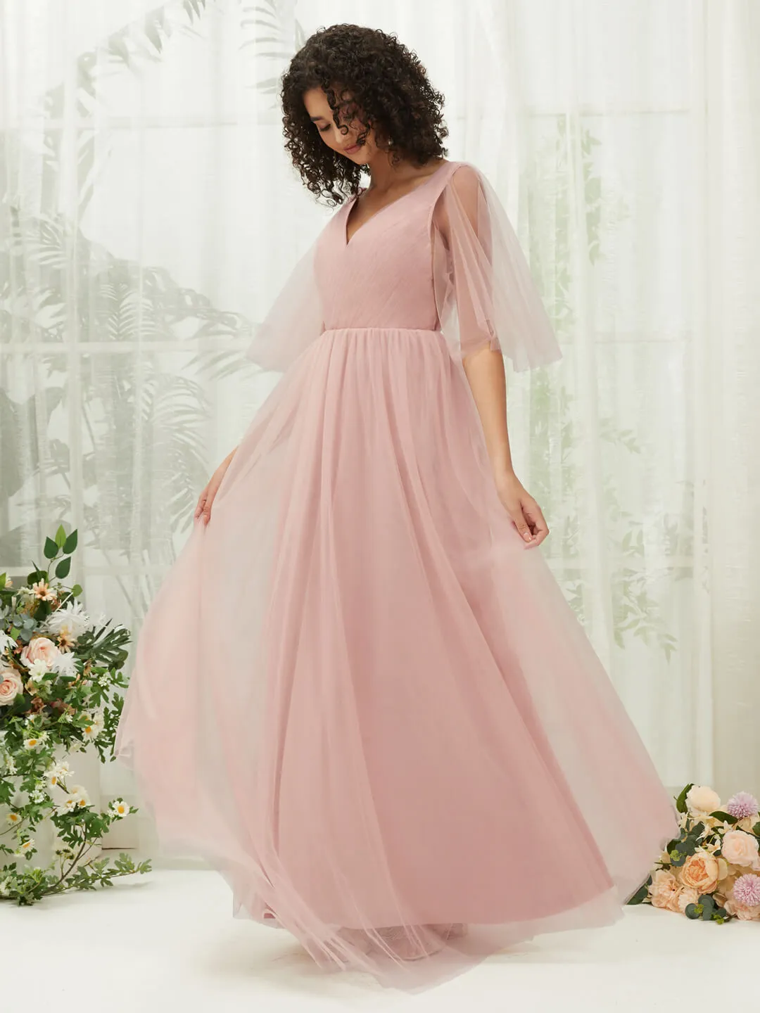 Dusty Pink Ruffle Sleeves Tulle Maxi Bridesmaid Dresses With Pocket