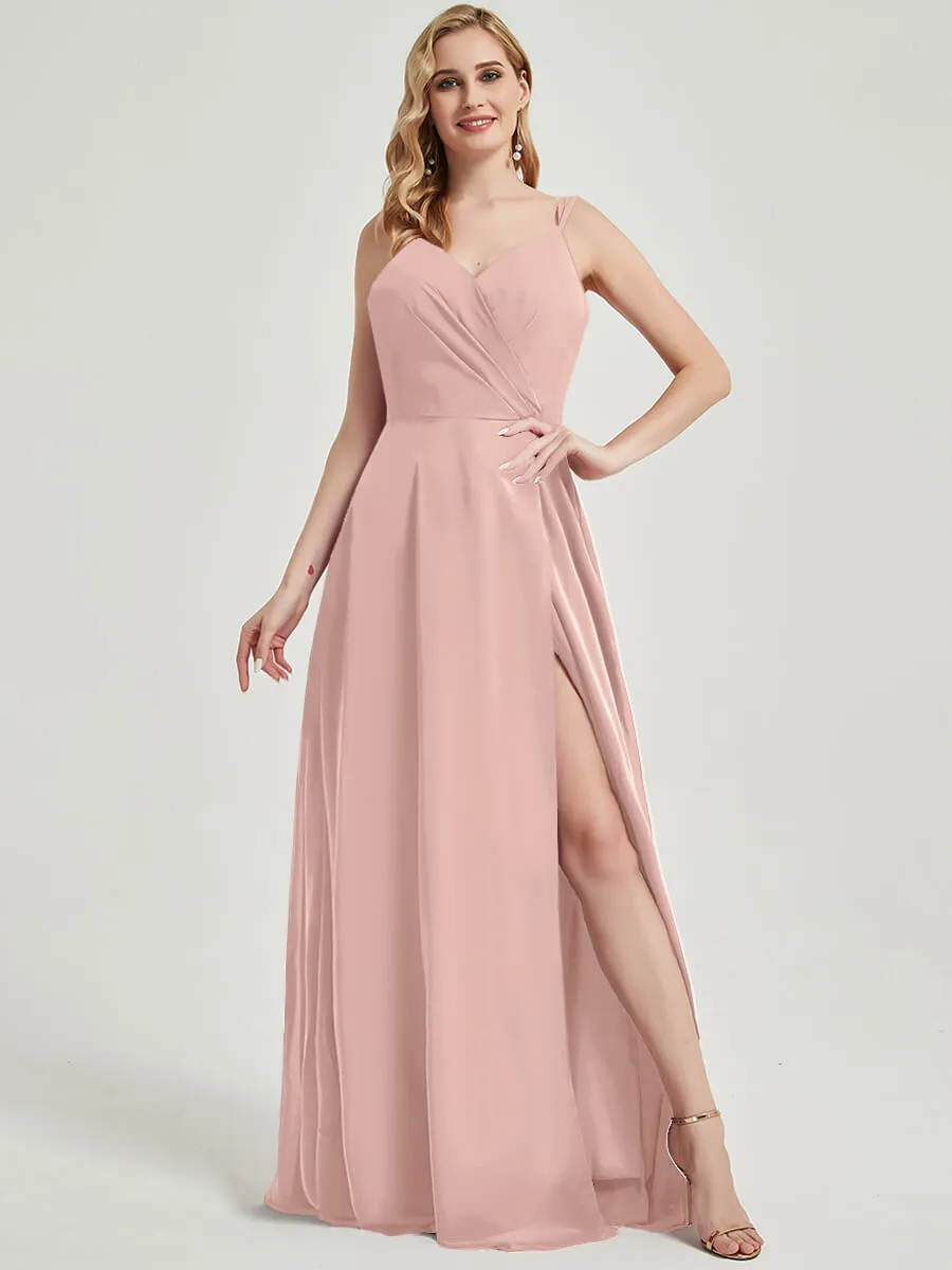 Dusty Pink Spaghetti Straps Slit Maxi Lace Chiffon Bridesmaid Dress