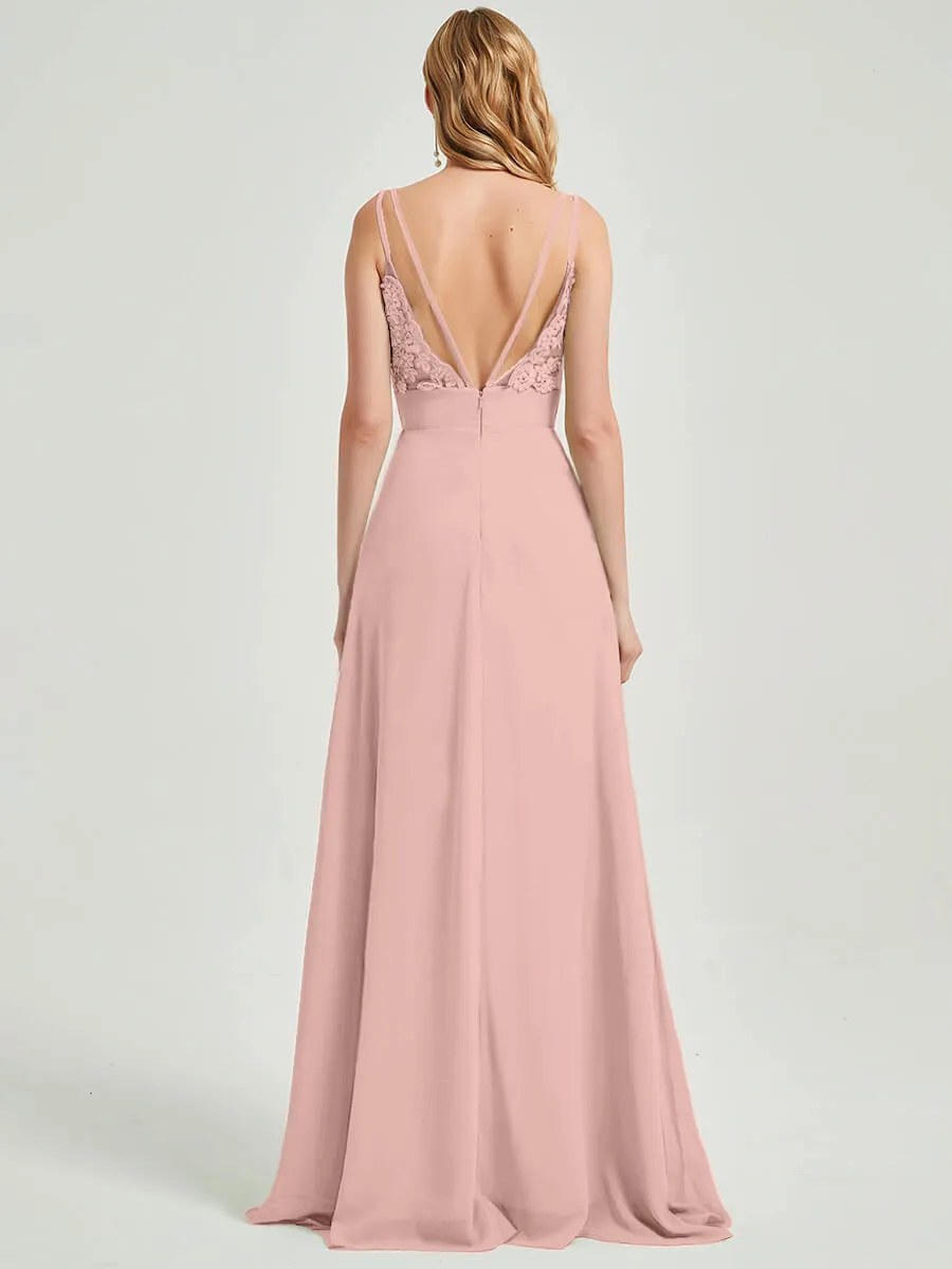 Dusty Pink Spaghetti Straps Slit Maxi Lace Chiffon Bridesmaid Dress