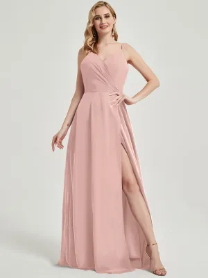 Dusty Pink Spaghetti Straps Slit Maxi Lace Chiffon Bridesmaid Dress