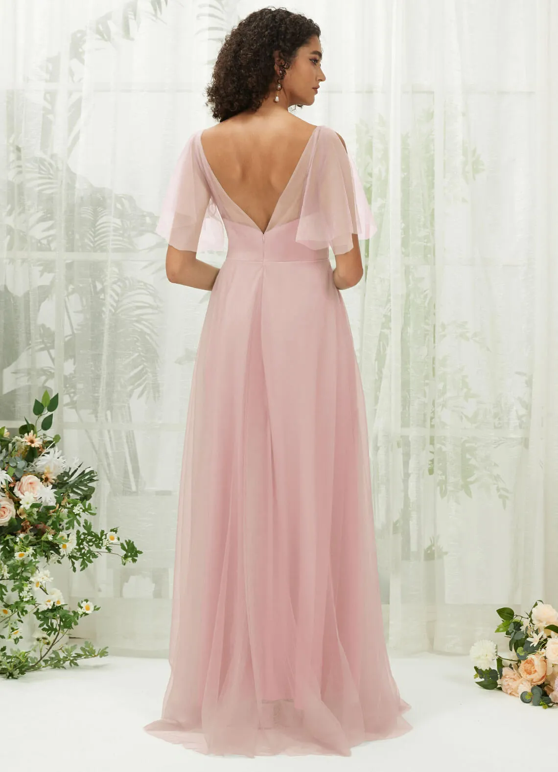 Dusty Pink Tulle Sweetheart Ruffle Sleeve Pocket Maxi Bridesmaid Dress