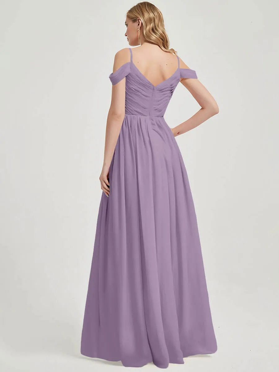 Dusty Purple Spaghetti Straps Pleated Chiffon Maxi Bridesmaid Dress