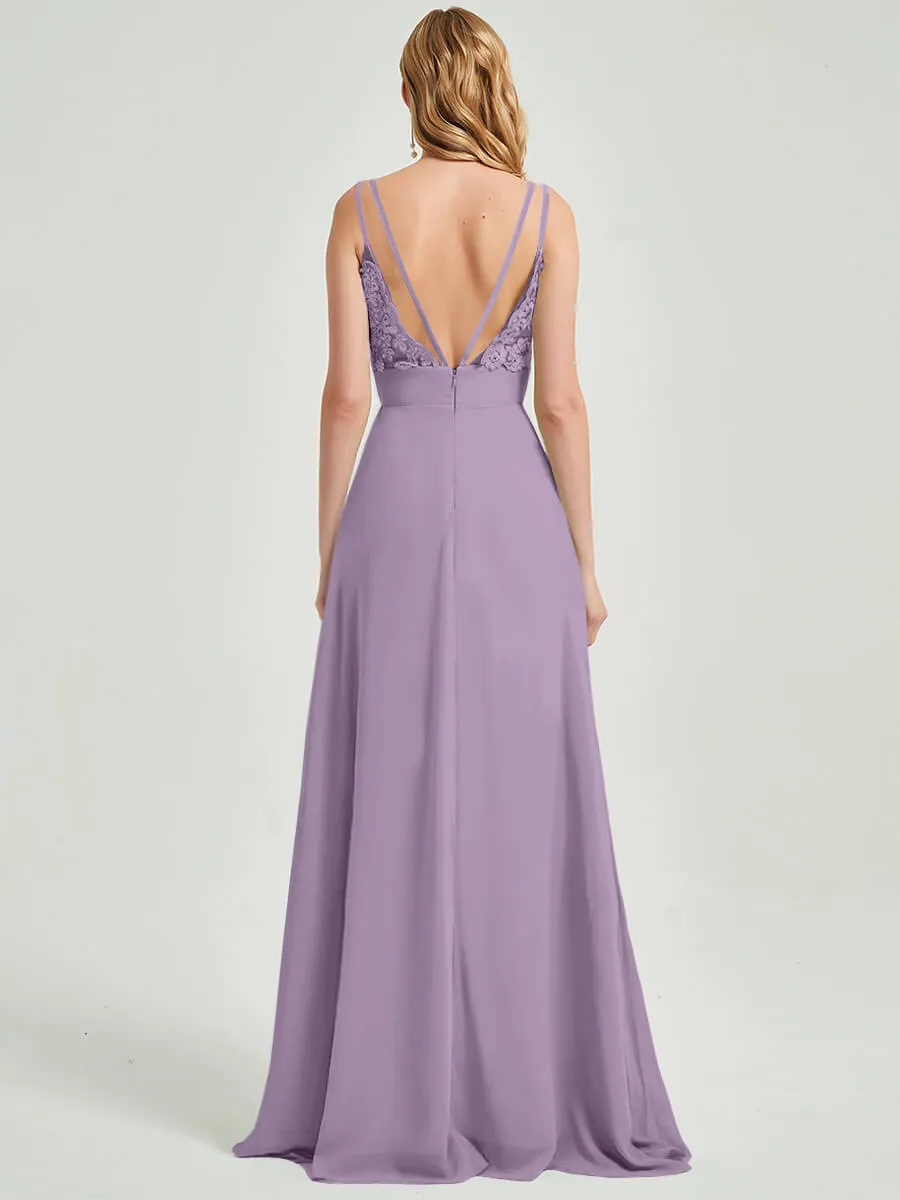 Dusty Purple Spaghetti Straps Slit Maxi Lace Chiffon Bridesmaid Dress