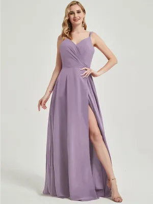 Dusty Purple Spaghetti Straps Slit Maxi Lace Chiffon Bridesmaid Dress