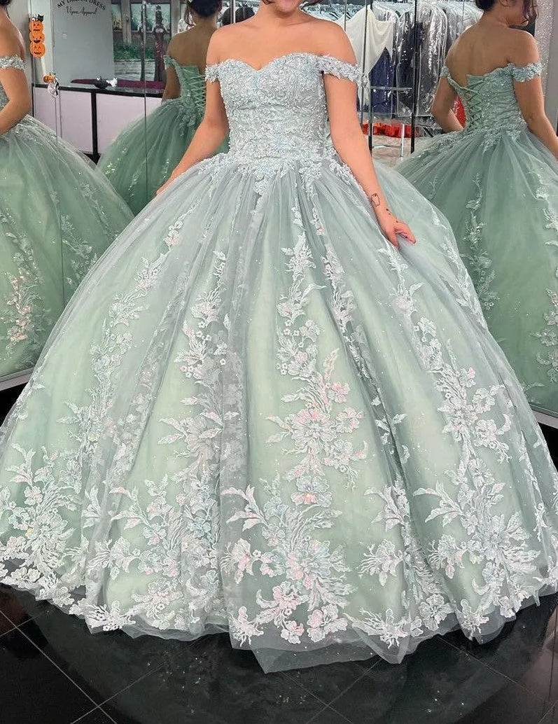 Dusty Sage Off The Shoulder Appliques Quinceanera Dress
