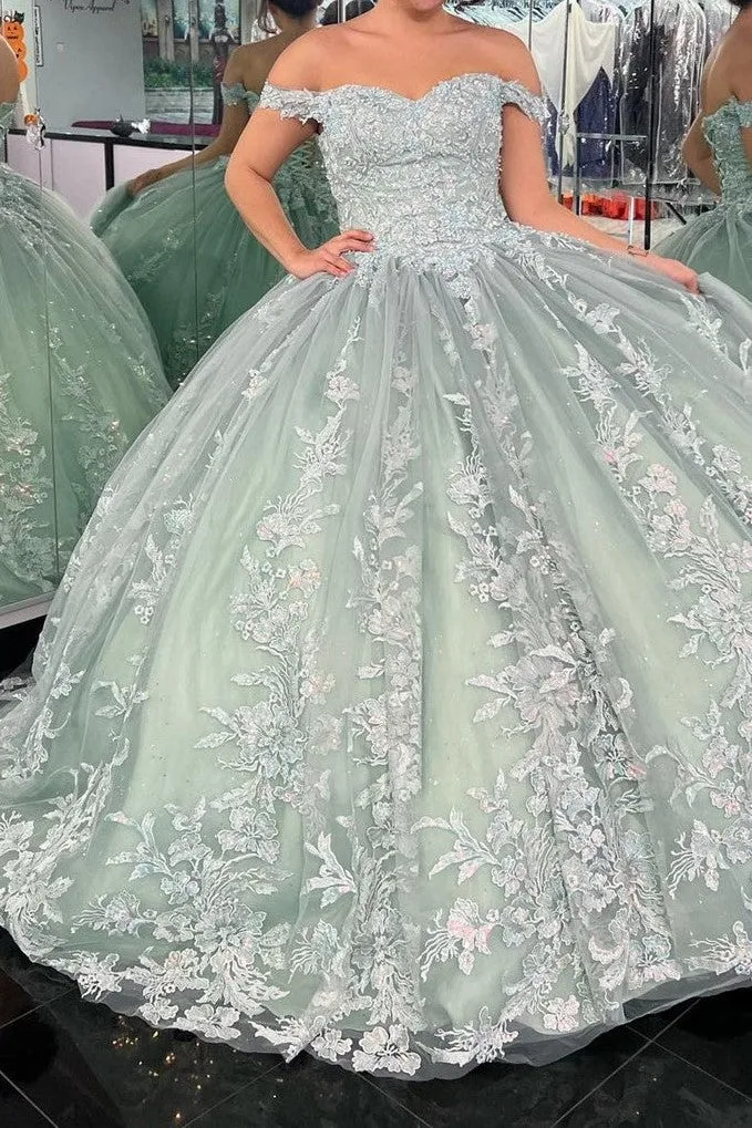 Dusty Sage Off The Shoulder Appliques Quinceanera Dress