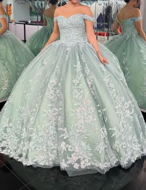 Dusty Sage Off The Shoulder Appliques Quinceanera Dress