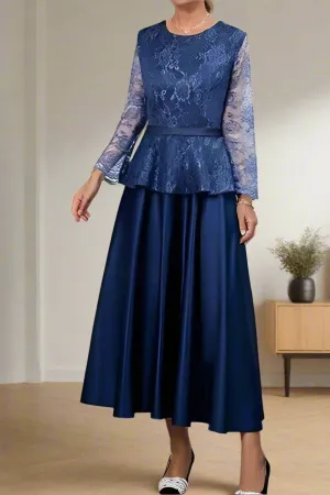 Elegant Ankle Length Satin Two Piece A-Line Mother of the Bride Dress