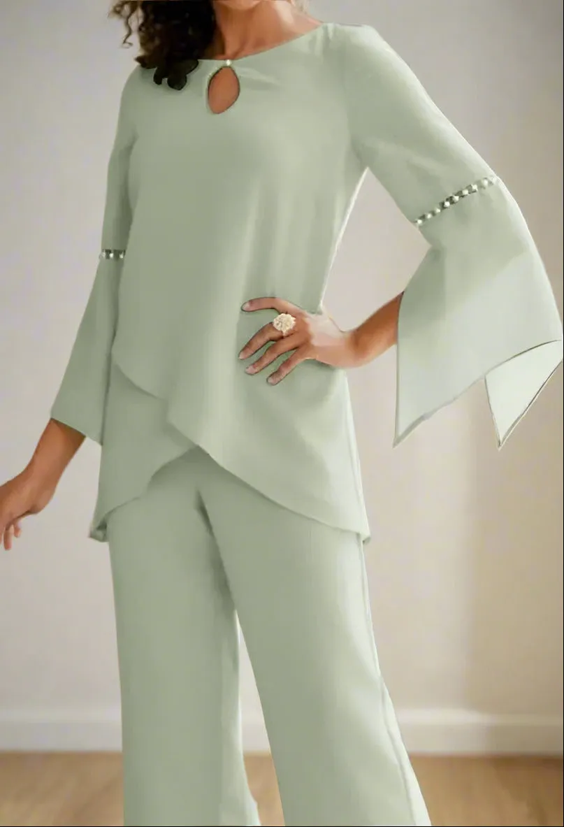 Elegant Chiffon Sage Two Piece Mother of the Bride Pantsuits