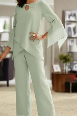 Elegant Chiffon Sage Two Piece Mother of the Bride Pantsuits