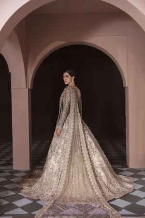 Elegant Designer Pakistani Bridal Dress Heavily Embroidered in Silver Pakistani Zardozi Work Bridal Lehenga in Premium Quality Net Chiffon #BN915