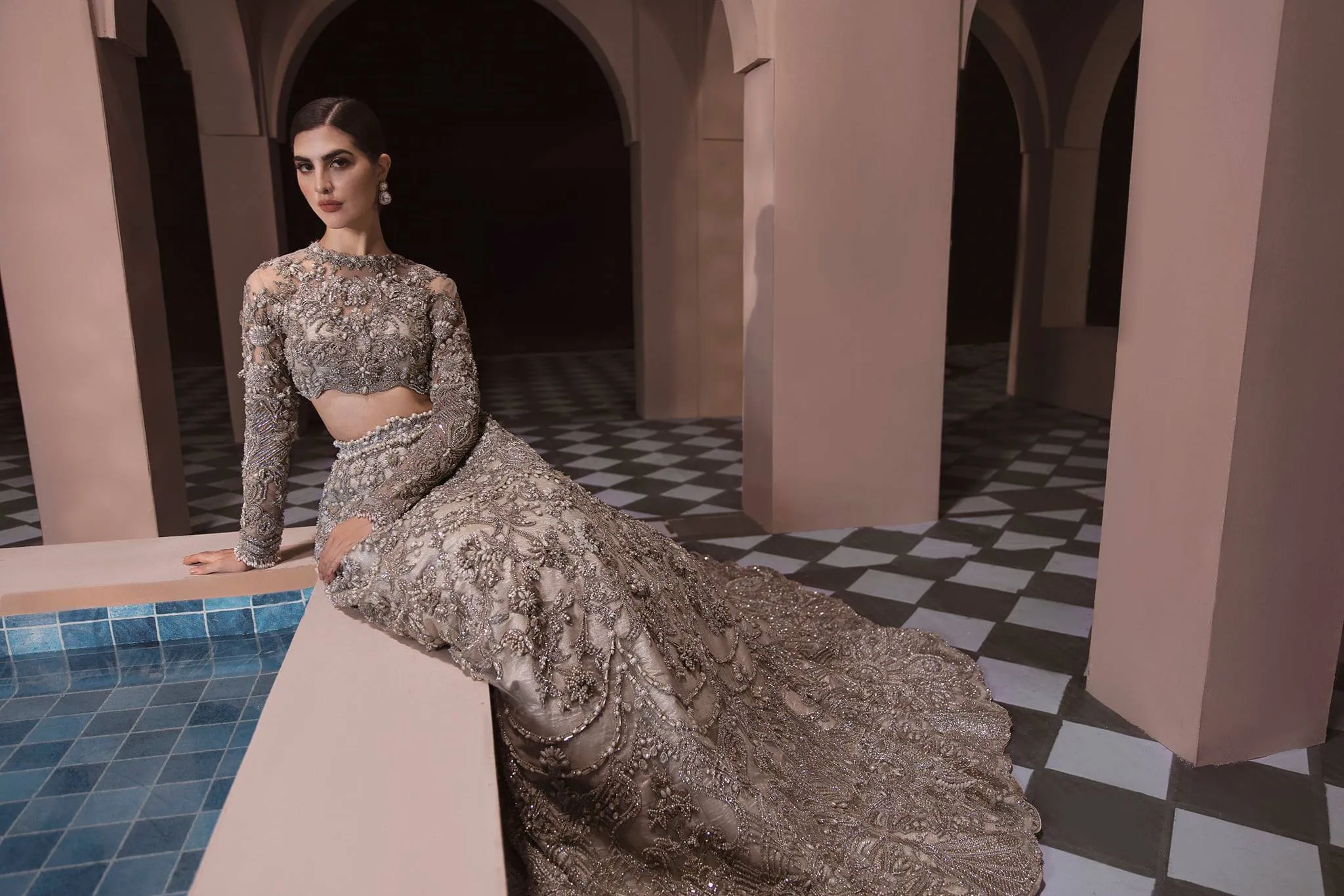Elegant Designer Pakistani Bridal Dress Heavily Embroidered in Silver Pakistani Zardozi Work Bridal Lehenga in Premium Quality Net Chiffon #BN915