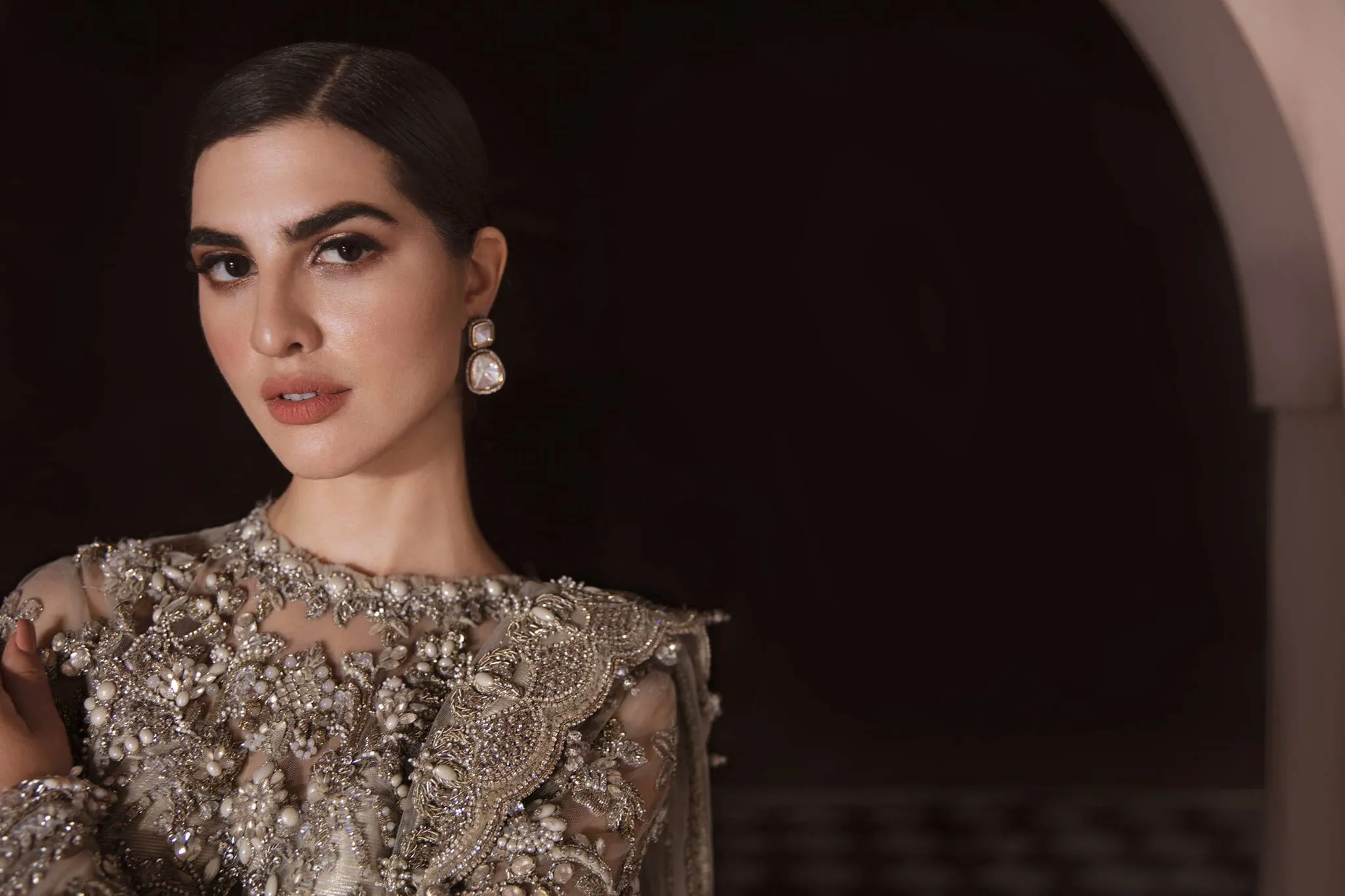 Elegant Designer Pakistani Bridal Dress Heavily Embroidered in Silver Pakistani Zardozi Work Bridal Lehenga in Premium Quality Net Chiffon #BN915